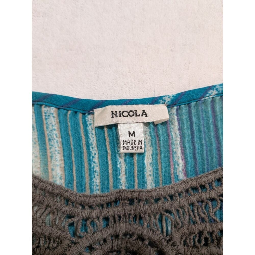 Nicola multicolored blue purple abstract sheer lace quarter sleeve blouse size M - Picture 2 of 7